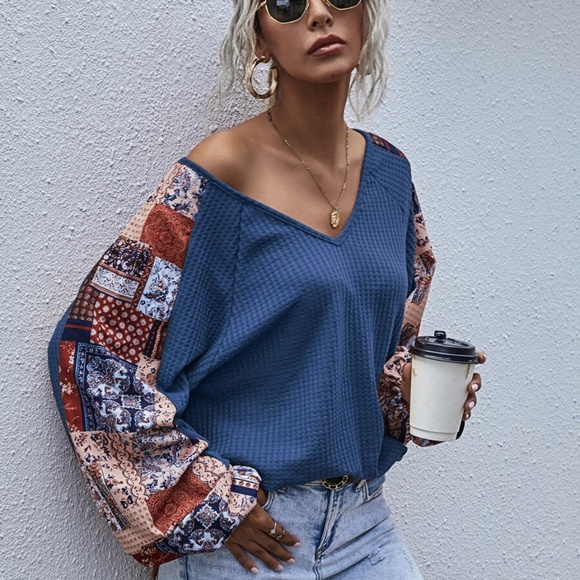 brown  v neck wide sleep waffle long sleeve top - Picture 9 of 16